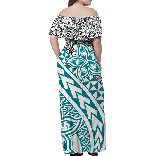 Traditional Polynesian Tribal Tattoo Retro Women Off shoulder Long Dress Turquoise