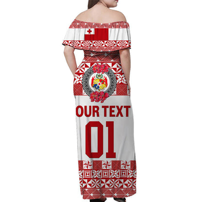 Custom Personalised Tonga Emancipation Day Off Shoulder Long Dress Independence Day Simple Ngatu Heilala Flower White Red