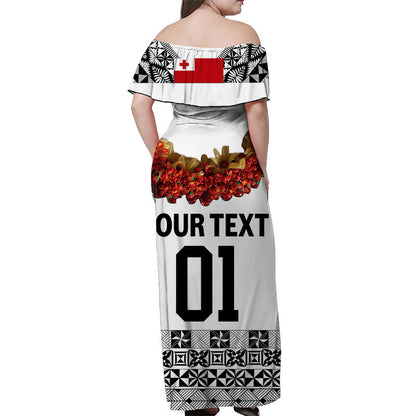 Custom Personalised Tonga Emancipation Day Off Shoulder Long Dress Independence Day Fancy Kahoa Heilala Flower White Black