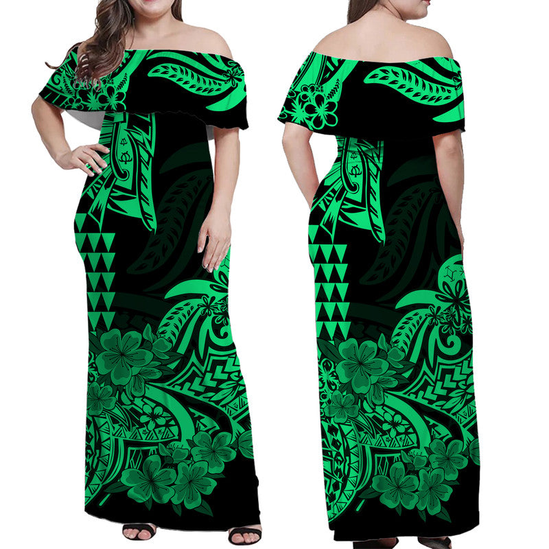 Hawaii Kakau Off Shoulder Long Dress Polynesian Floral Tribal Green Version