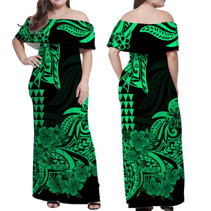 Hawaii Kakau Off Shoulder Long Dress Polynesian Floral Tribal Green Version