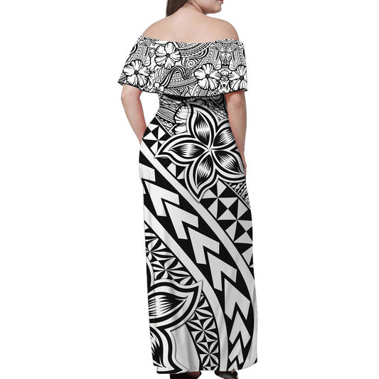 Traditional Polynesian Tribal Tattoo Retro Women Off shoulder Long Dress Black