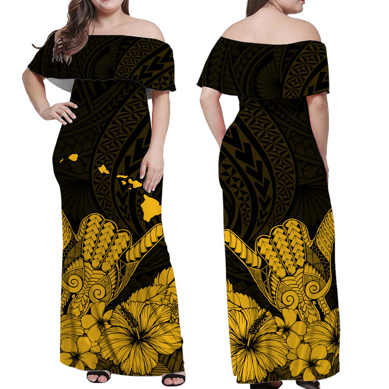Hawaii Shaka Sign Off Shoulder Long Dress Gold Version