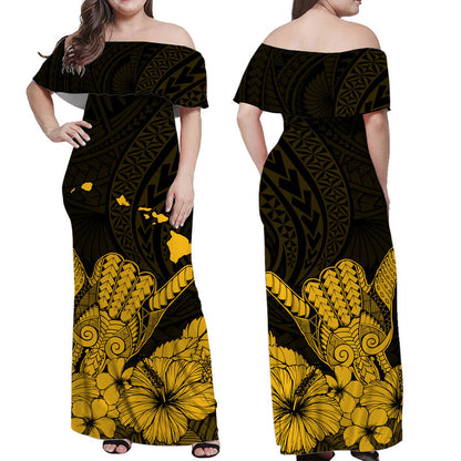 Hawaii Shaka Sign Off Shoulder Long Dress Gold Version