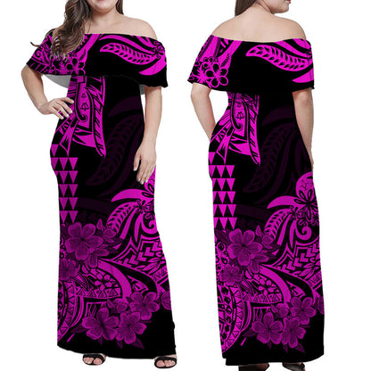 Hawaii Kakau Off Shoulder Long Dress Polynesian Floral Tribal Purple Version
