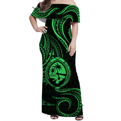 Polynesian Pride Guam With Polynesian Tribal Tattoo and Coat of Arms Off Shoulder Long Dress Green Version