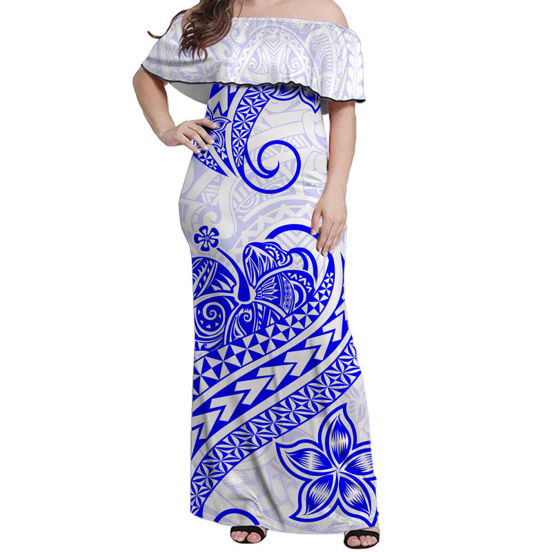 Polynesian Tribal Tattoo Retro Off Shoulder Long Dress Blue Screen Color