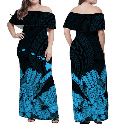 Hawaii Shaka Sign Off Shoulder Long Dress Blue Version