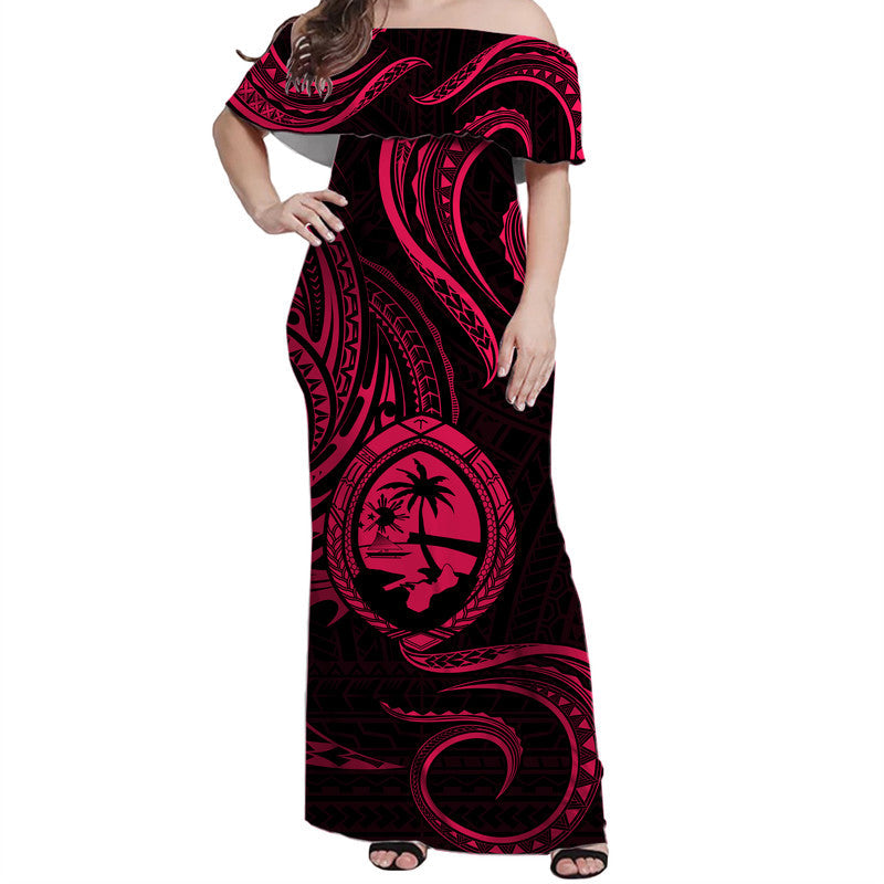 Polynesian Pride Guam With Polynesian Tribal Tattoo and Coat of Arms Off Shoulder Long Dress Pink Version