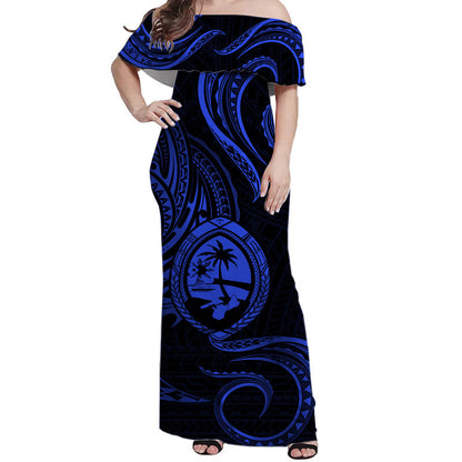 Polynesian Pride Guam With Polynesian Tribal Tattoo and Coat of Arms Off Shoulder Long Dress Blue Version