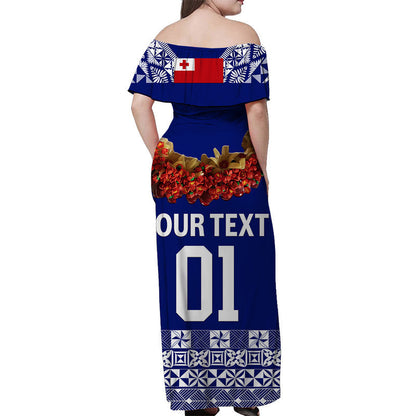 Custom Personalised Tonga Emancipation Day Off Shoulder Long Dress Independence Day Fancy Kahoa Heilala Flower Blue