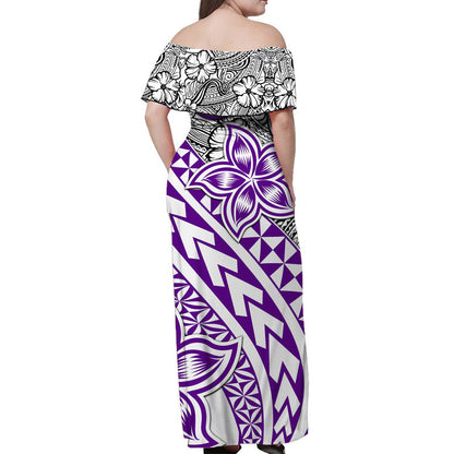Traditional Polynesian Tribal Tattoo Retro Women Off shoulder Long Dress Purple