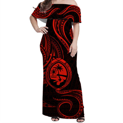 Polynesian Pride Guam With Polynesian Tribal Tattoo and Coat of Arms Off Shoulder Long Dress Red Version