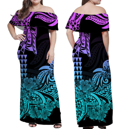 Hawaii Kakau Off Shoulder Long Dress Polynesian Floral Tribal Heliotrope Version