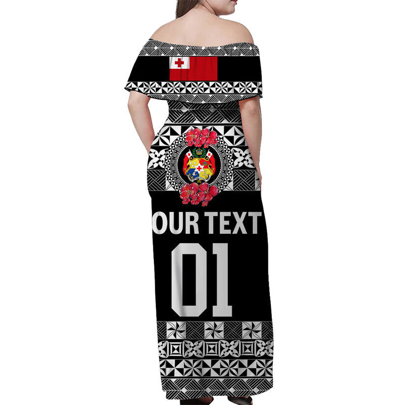 Custom Personalised Tonga Emancipation Day Off Shoulder Long Dress Independence Day Simple Ngatu Heilala Flower Black
