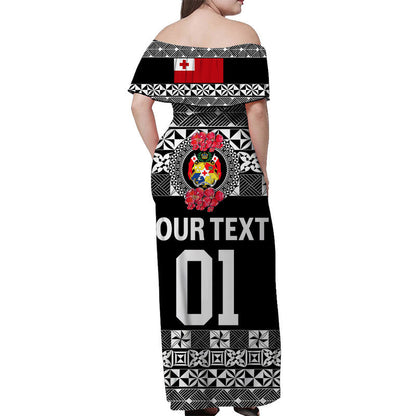 Custom Personalised Tonga Emancipation Day Off Shoulder Long Dress Independence Day Simple Ngatu Heilala Flower Black