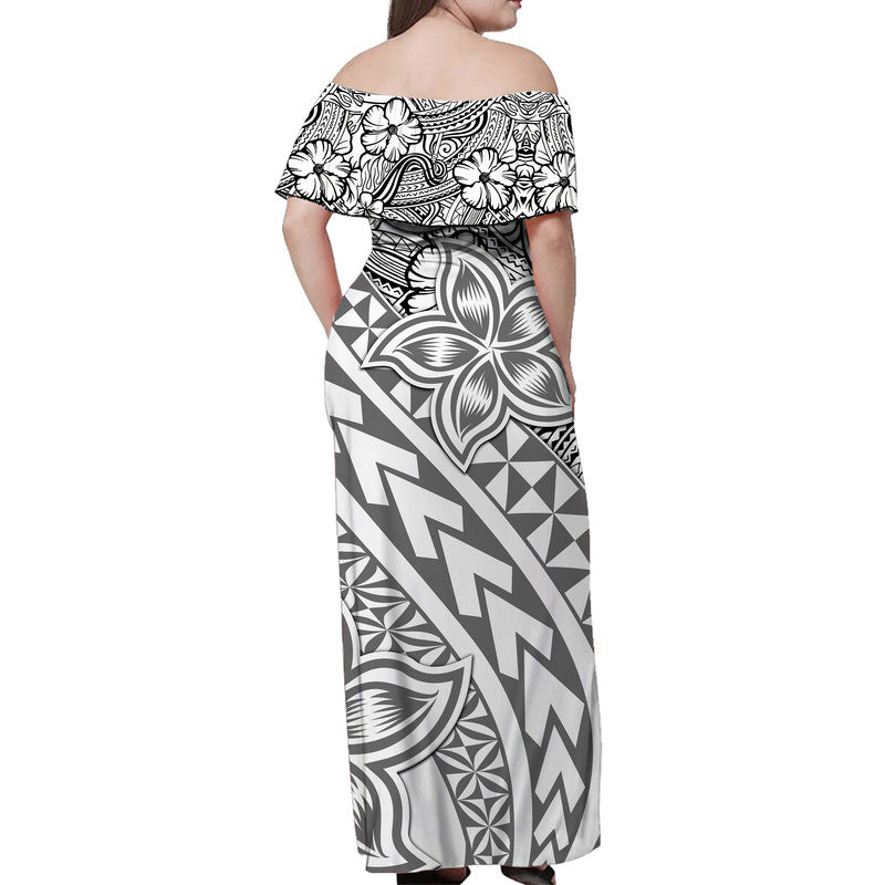 Traditional Polynesian Tribal Tattoo Retro Women Off shoulder Long Dress Grey