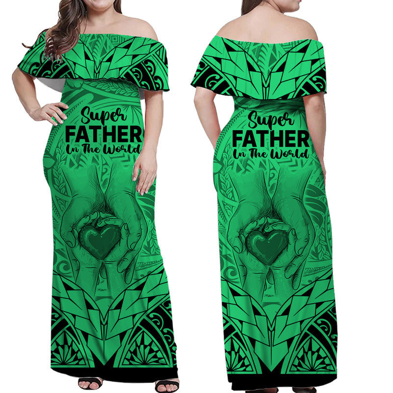 Matching Couple Outfit Polynesian Father's Day Gift For Dad Combo Off Long Dress and Hawaiian Shirt Super Father In The World Green Polynesian