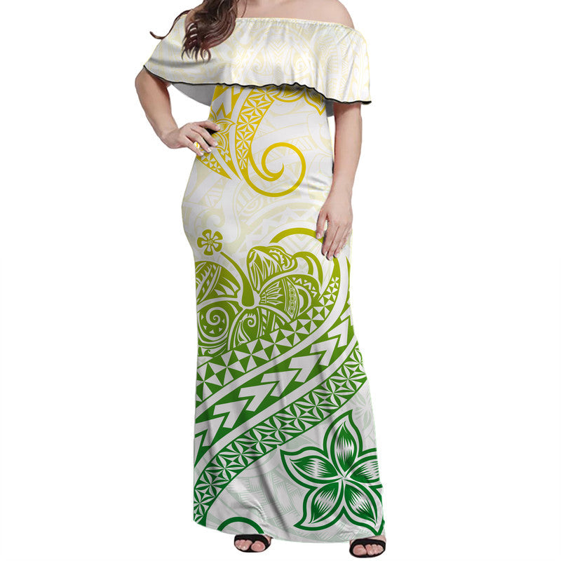 Polynesian Tribal Tattoo Retro Off Shoulder Long Dress Gradient 01 Screen Color