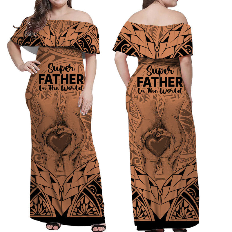 Matching Couple Outfit Polynesian Father's Day Gift For Dad Combo Off Long Dress and Hawaiian Shirt Super Father In The World Nude Polynesian
