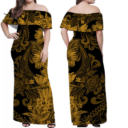 Hawaiian Matching Outfits For Couples Hawaii Flowers Mix Tribal Pattern Combo Dress And Shirt Gold