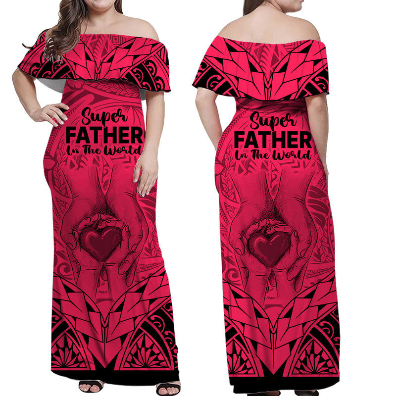 Matching Couple Outfit Polynesian Father's Day Gift For Dad Combo Off Long Dress and Hawaiian Shirt Super Father In The World Pink Polynesian