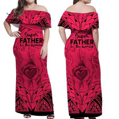 Matching Couple Outfit Polynesian Father's Day Gift For Dad Combo Off Long Dress and Hawaiian Shirt Super Father In The World Pink Polynesian