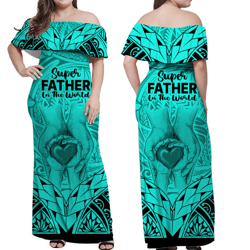 Matching Couple Outfit Polynesian Father's Day Gift For Dad Combo Off Long Dress and Hawaiian Shirt Super Father In The World Turquoise Polynesian