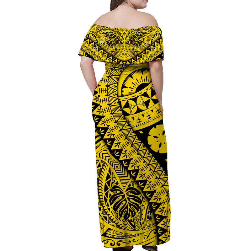Polynesian Masi Kesa No2 Gold Style Women Off Shoulder Long Dress
