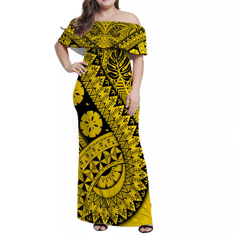 Polynesian Masi Kesa No2 Gold Style Women Off Shoulder Long Dress