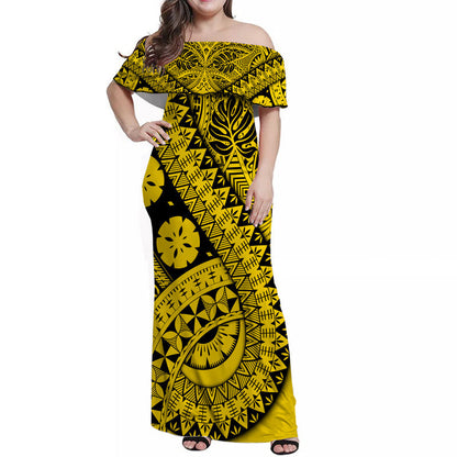 Polynesian Masi Kesa No2 Gold Style Women Off Shoulder Long Dress