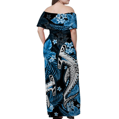 Hawaii Summer Colorful Off Shoulder Long Dress Shark Light Blue