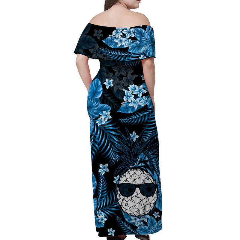 Hawaii Summer Colorful Off Shoulder Long Dress Pineapple Light Blue