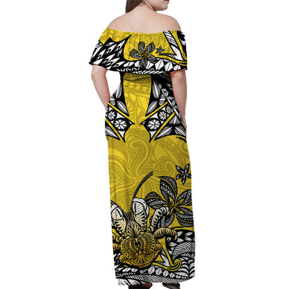 Niue Uga Off Shoulder Long Dress Tribal Patterns Yellow Style