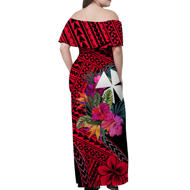 Wallis and Futuna Off Shoulder Long Dress Hibiscus Red No.1 Color