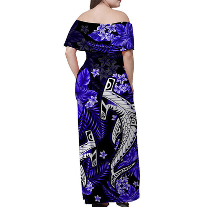 Hawaii Summer Colorful Off Shoulder Long Dress Shark Dark Blue