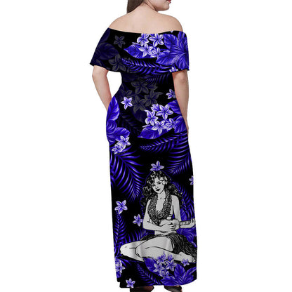 Hawaii Summer Colorful Off Shoulder Long Dress Hula Girl Dark Blue