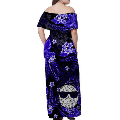 Hawaii Summer Colorful Off Shoulder Long Dress Pineapple Dark Blue