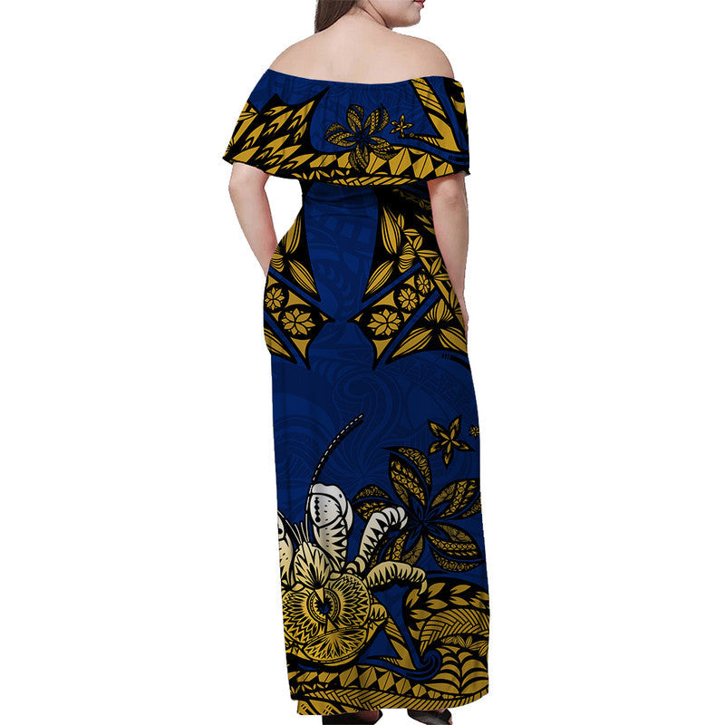 Niue Uga Off Shoulder Long Dress Tribal Patterns Blue Style
