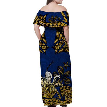 Niue Uga Off Shoulder Long Dress Tribal Patterns Blue Style