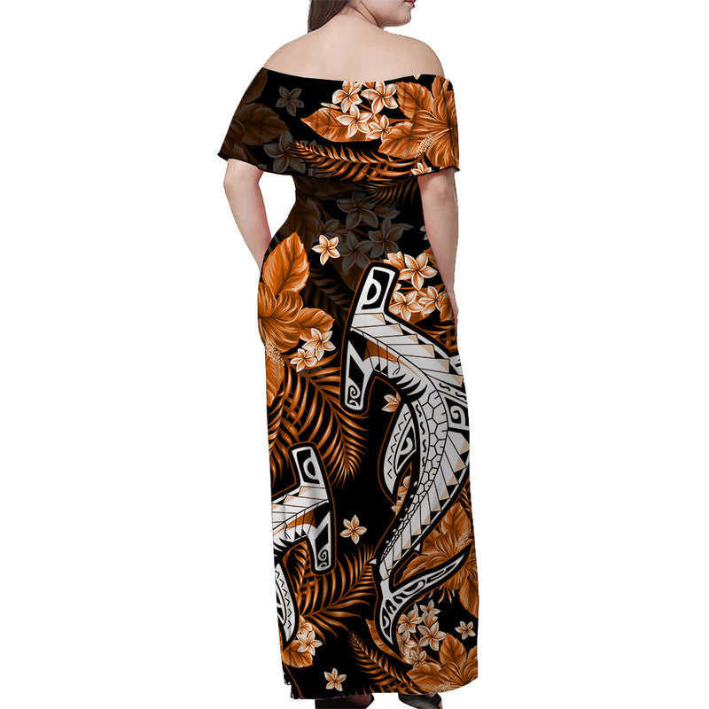 Hawaii Summer Colorful Off Shoulder Long Dress Shark Orange