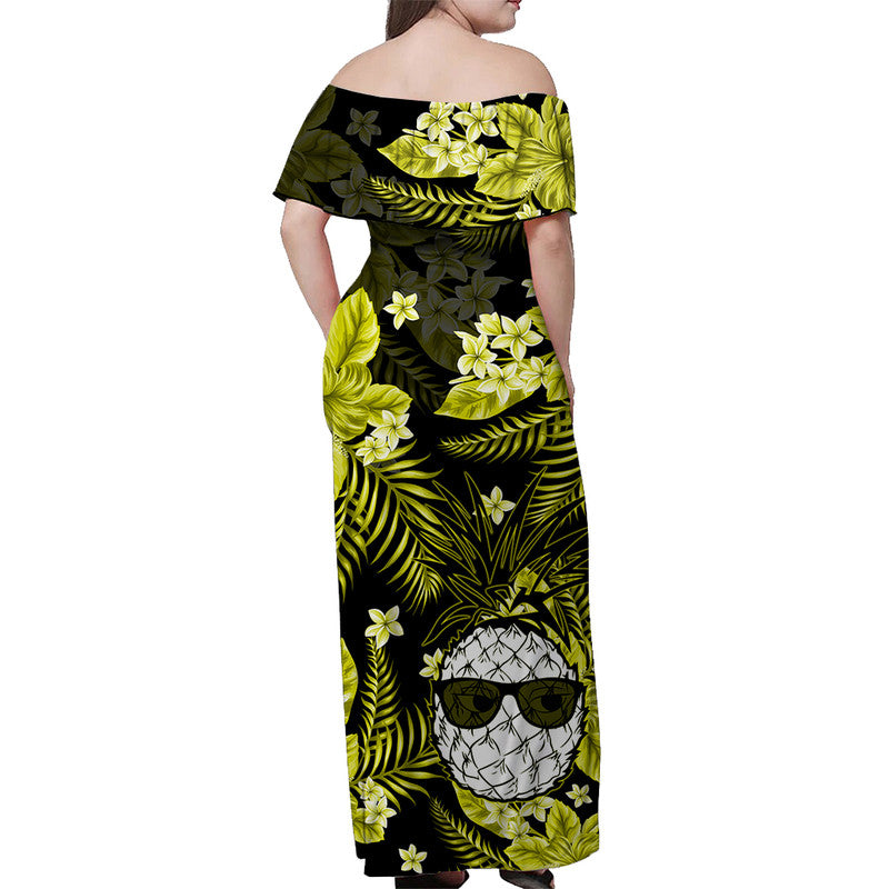 Hawaii Summer Colorful Off Shoulder Long Dress Pineapple Yellow