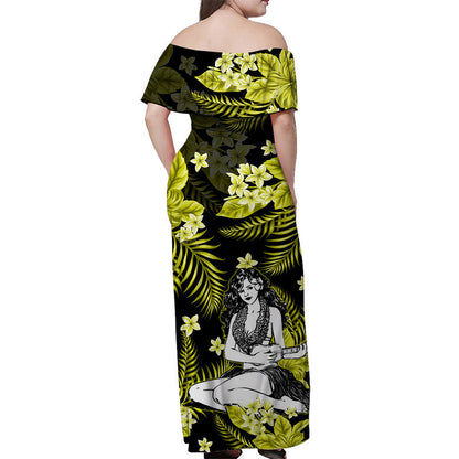 Hawaii Summer Colorful Off Shoulder Long Dress Hula Girl Yellow