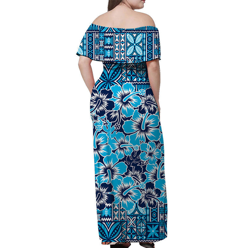 Fiji Hibiscus Festival Off Shoulder Long Dress Blue
