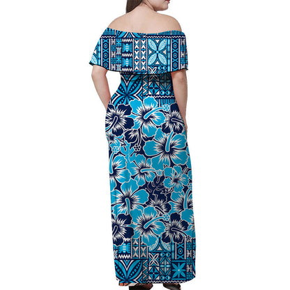Fiji Hibiscus Festival Off Shoulder Long Dress Blue