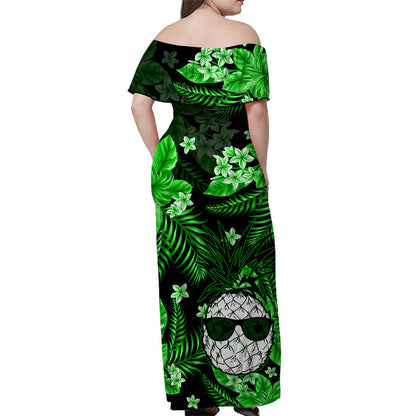 Hawaii Summer Colorful Off Shoulder Long Dress Pineapple Green