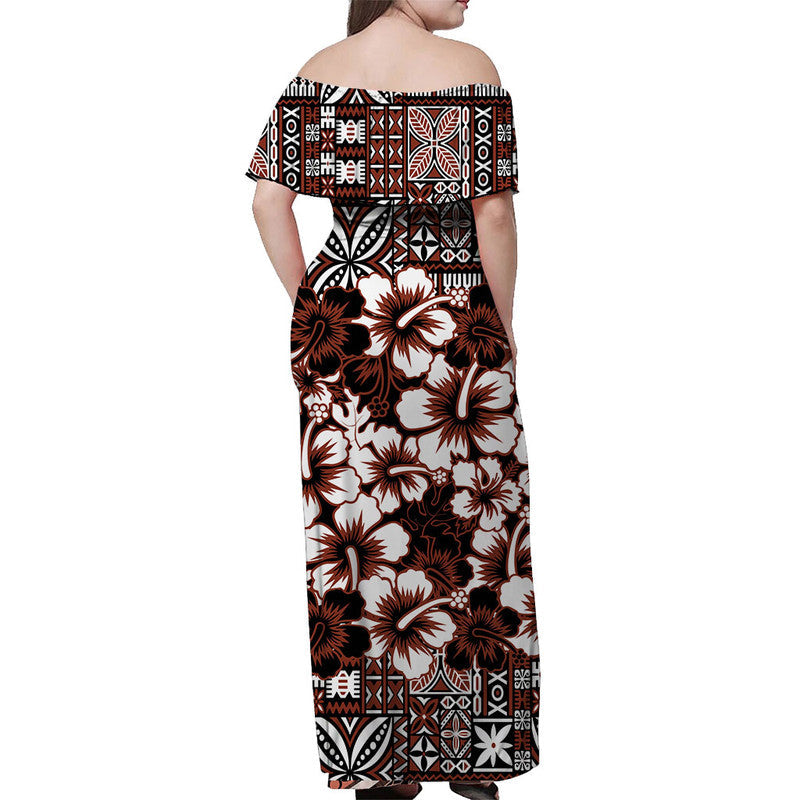 Fiji Hibiscus Festival Off Shoulder Long Dress Brown