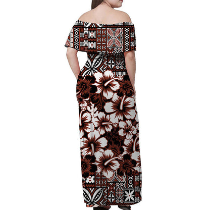 Fiji Hibiscus Festival Off Shoulder Long Dress Brown