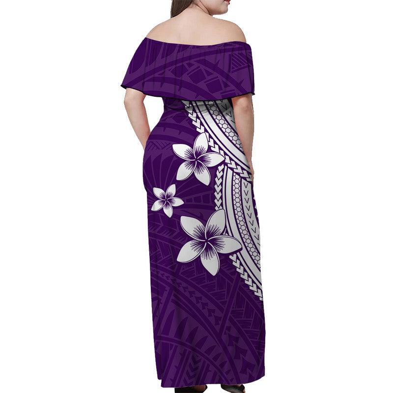 Polynesian Off Shoulder Long Dress With Plumeria Flower Purple