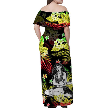 Hawaii Summer Colorful Off Shoulder Long Dress Hula Girl Reggage
